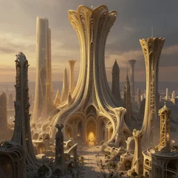 realistic render of intricate organic fractal architecture city with huge monoliths, ambient light, dusk, extremely detailed, digital painting, sculpted in zbrush, artstation, concept art, smooth, sharp focus, illustration, chiaroscuro lighting, golden ratio, incredible art by artgerm and greg rutkowski and alphonse mucha and simon stalenhag