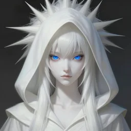 A mysterious girl with hooded cobalt-blue eyes, Her luxurious, straight, milky-white hair is worn in a style that reminds you of a lionfish's spines. She is short and has an angular build. Her skin is china-white, She has a high forehead and a hooked nose. Her wardrobe is attractive, fantasy art, in the style of Fernando Juarez, illustration, epic art, fantasy, intricate, elgant, amazing detail, digital painting, artstation, concept art, smooth, sharp focus
