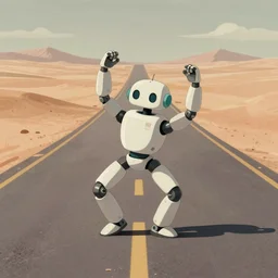 a study of cell shaded cartoon of a robot dancing on a desert road, full body, wide shot, very muted colors, post grunge, studio ghibli, laurie greasley, highly detailed, deviantart, art by artgem