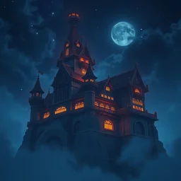 a wholesome animation key shot of an evil dark castle flying in the air at night by studio ghibli, animation, sharp, rendered in unreal engine 5, focused, anime key art by greg rutkowski, bloom, dramatic lighting