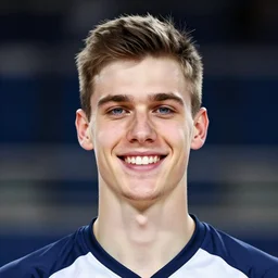 a photographic portrait of a young Caucasian man smiling with short brown hair that sticks up in the front, blue eyes, groomed eyebrows, tapered hairline, sharp jawline, wearing a volleyball jersey, sigma 85mm f/1.4, 15mm, 35mm, 4k, high resolution, 4k, 8k, hd, full color