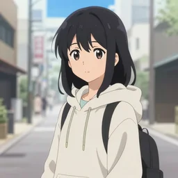 black haired girl wearing hoodie, city bright daylight, anime epic artwork, kyoto animation, key visual
