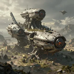 an intricate concept art of a houses made of crashed alien mothership, post - apocalyptic world,, sci - fi film color palette, concept art, environment design, vfx, unreal engine 5, artstation, deviantart, octane render, cinematic,