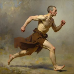 male monk running at full speed without shirt, concept art, oil painting, DND, In the art style of Mohrbacher, Peter