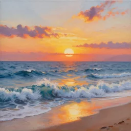 a beautiful painting of a beach sunset with raging waves