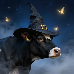 a detailed matte painting of a cow wearing a witch hat, viewed in profile, glowing moths and fog in the background, starry night, black and blue color scheme with gold highlights, in the style of discworld and harry potter, 8 k, octane render