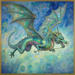 A painting of a dragon flying through the air. an airbrush painting by Earnst Haeckel and Louis Comfort Tiffany and H R Giger, trending on zbrush central, cloisonnism, high detail, detailed painting, opalescent, exotic.