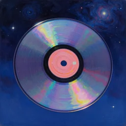 a painting of a music disc floating by inio asano, aya takano color style, 4 k, super detailed, night sky, digital art, digital painting, celestial, majestic, colorful