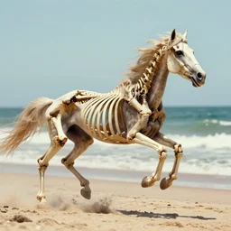 skeleton horse running on the beach, edited photo, photoshop