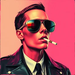 abeautiful award winning masterpiece photograph of an intent and serious cyborg agent smith wearing balenciaga mirrorshades and smoking a cigarette by andy warhol, trending on artstation