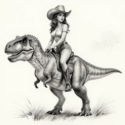 a pencil sketch of a pinup girl wearing a cowboy hat riding a tyrannosaurus rex, adonna khare, fine detail, high resolution