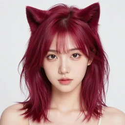 photo of a young woman with messy medium-length magenta hair and cat ears