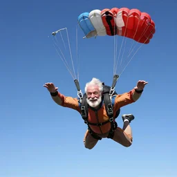 skydiving grandpa jumping out of a plane while being happy on a blue sky day with a parachute