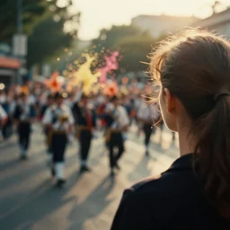 a 2 8 mm macro photo from the back of a woman watching a parade, splash art, movie still, bokeh, canon 5 0 mm, cinematic lighting, dramatic, film, photography, golden hour, depth of field, award - winning, anamorphic lens flare, 8 k, hyper detailed, 3 5 mm film grain
