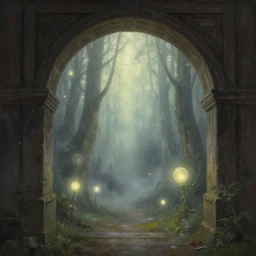 an old wood archway, a view to an eerie fantasy world, glowing orbs, ethereal back light, mist, coherent composition, detailed fantasy painting by artgerm, noriyoshi ohrai, yuumei