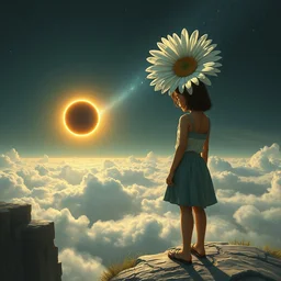 giant white daisy flower on the head, girl standing on cliff, surreal photography, solar eclipse, milky way, dramatic light, impressionist painting, clouds, digital painting, artstation, james gilleard, liam wong, jeremy mann, simon stalenhag