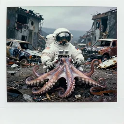 faded photographs of octopus as american white spacesuit chubby astronaut in postapocalyptic abandoned destroyed deep sea, wrecked buildings, destroyed flipped wrecked cars, underwater polaroid photo, vintage, 1 9 8 5, neutral colors, rainy day, by gregory crewdson
