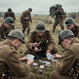 A Lieutenant with his men playing cards to calm their nerves before the attack, First World War, realistic, detailed, 4k, HDR, tense, grim