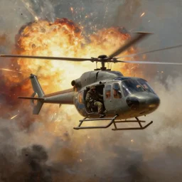 a spy doing his mission flying in a helicopter while explosion in the background particles dusty explosion fog made by ivan aivazovsky, peter mohrbacher, greg rutkowski volumetric light effect broad light oil painting painting fantasy art style sci - fi art style realism premium prints available artwork unreal engine