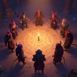 demons around a summoning circle, pixar style
