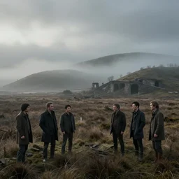 gloomy foggy marshlands with hills and abandoned mine shafts, photorealistic movie still by michael komarck, greg rutkowski, victo ngai, artgerm, willem claesz heda and j. dickenson