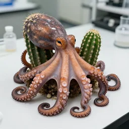 An award winning closeup photo of an octopus made out of a cactus on a lab table, detailed prickly texture - n 6