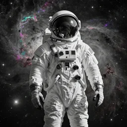 modern double exposure monochrome spacesuit over a brilliant iridescent nebula.