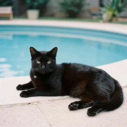 35mm color vintage photo of a black cat laying by a pool, pastel faded effect