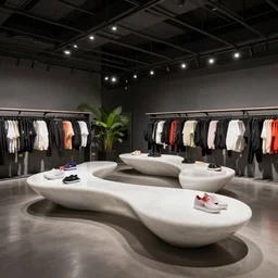tactical black nike boutique flagship retail. venta black styled black interior. zaha hadid white corian flowing furniture. with colorful shoes and varied clothes. low ceilings with rails and spots. plants. muted colors. architectural photography, 8 k, realistic lighting, reflections, bloom, hyperdetailed environment, pbr materials.