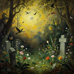 'Life from death' An aesthetic horror baroque painting depicting 'A graveyard with plants and flowers growing, birds and insects flying around' by Wayne Barlowe and Jan Brueghel the Elder, Trending on cgsociety artstation, 8k, masterpiece, cinematic lighting, vibrant colors.