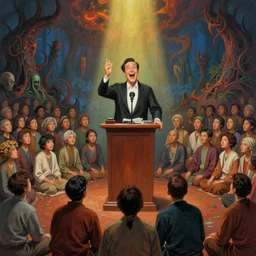 a picture of a happy salesman at a podium speaking to a crowd of worshipers, a detailed matte painting by mort kunstler, pixiv, kitsch movement, hellish background, movie poster, official art