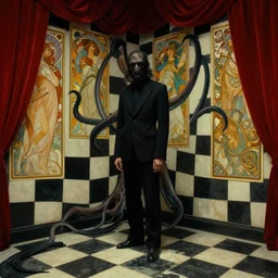 extremely detailed checkerboard movie shot closeup portrait of a dark bizarre figure standing in the corner of a checkerboard checkerboard room by denis villenueve, arnold bocklin, lovecraft, roger dean, amano, alphonse mucha, franz von stuck, tentacles, dynamic composition, rich moody colours, red drapes