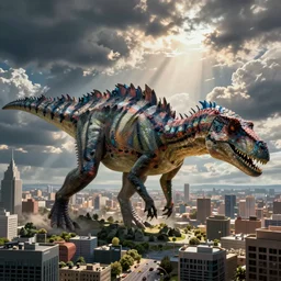 a giant dimetrodon trampling a city