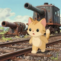 wholesome animation key shot, kitten explore an abandoned train yard, rust, railway guns!!!!!, gun turret, studio ghibli, pixar and disney animation, sharp, disney concept art watercolor illustration by mandy jurgens and alphonse mucha and alena aenami, pastel color palette, dandelion seeds, bloom!!! dramatic lighting