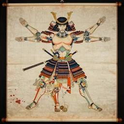 a brilliantly colored Japanese scroll of an exploded diagram of a detailed engineering schematic of a cyborg samurai made by an AI in the pose vitruvian man in the style of jean giraud , post-processing , award winning, photo realistic, aged blood stains