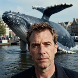 closeup portrait of an unamused man with a background massive whale in an amsterdam canal, photograph, natural light, sharp, detailed face, magazine, press, photo, steve mccurry, david lazar, canon, nikon, focus