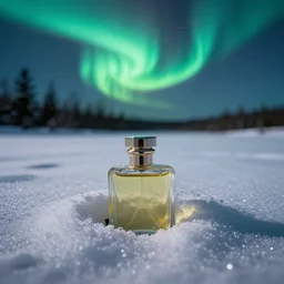 perfume bottle buried in the snow under the northern lights