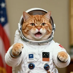 1 9 8 0's color photo of angry ginger cat in spacesuit giving public speech
