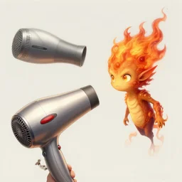 a small trickster fire elemental getting sucked into a hair dryer ; detailed, best on artstation, raymond swanland, bayard wu, cosmic, epic, stunning, masterpiece