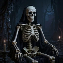 Realistic cinematic of a dark crypt scene with a skeleton, highly detailed, inspired by Tim Burton, Unreal Engine 4k