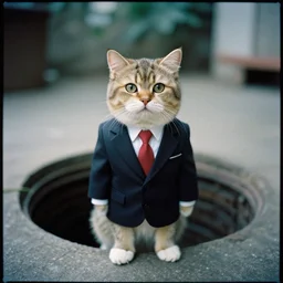 medium format film portrait of an anthropomorphic fuzzy cat wearing a suit standing in a sewer, hasselblad film bokeh, unsplash, soft light photographed on colour expired film