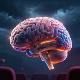 3 d render of a brain at the cinema, a storm in the background, moody lighting, lens flare, atmosphere, glow, detailed, intricate, full of colour, cinematic lighting, trending on artstation, 4 k, hyperrealistic, focused, extreme details, unreal engine 5, cinematic, masterpiece
