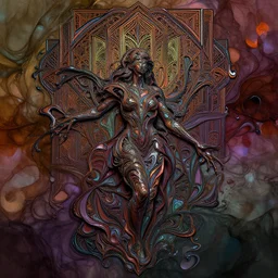 the dream of creation, fluid art, alcohol ink, wet paint, art deco, fantasy, dark and thick lines, movement, thick paint, surrealism, zbrush, unreal engine, vibrant, detailed, by diego koi and ian hornak