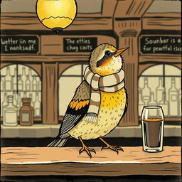 a cute skylark wearing a scarf sitting in a bar. illustration by edward gorey