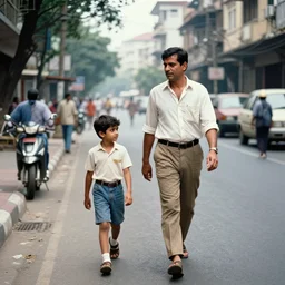 a dad and his son walking the clean streets of mumbai in 2 0 7 0, cyberpunk, high fidelity, uncompressed png