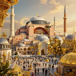 ilustration of istanbul 🇹🇷 in the golden age, prospering, luxurious, whimsical, fantasy, detailed, volumetric lights, intricate details, raytracing, great complexity, cinematic, film, 1 2 8 k, octane render, trending on artstation by james c christensen and mandy jurgens