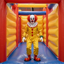 photo of a scary clown in a infinite corridor made of bouncy castle