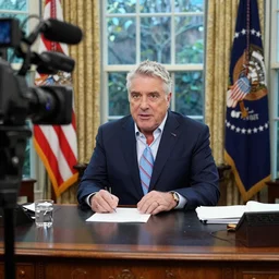 President Guy Fieri at his desk in the Oval Office, news camera footage