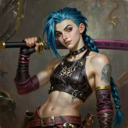 A beautiful oil painting of Jinx, from League of Legends, by Michelangelo, Renaissance art, Exquisite detail, post-processing, photoshopped, low angle, masterpiece, cinematic, trending on ArtStation