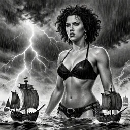 muscular scarlett johansson as zeus in the rough sea, tiny pirate ships in water, thunderstorm with lightning, pencil and ink, afro samurai anime style, black and white, dramatic lighting, soaking wet, heavy rain!
